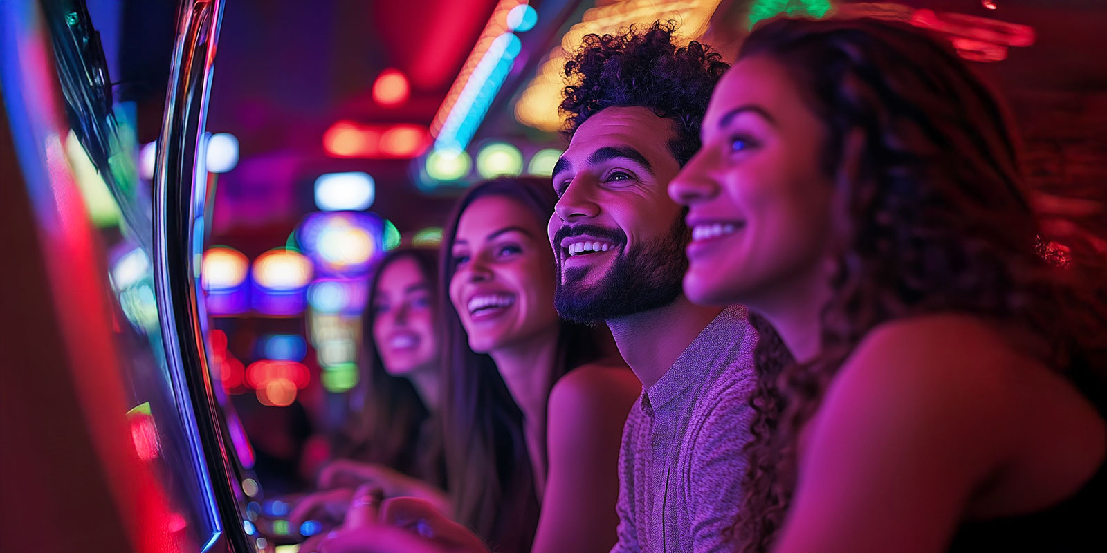Group of friends playing slot machines