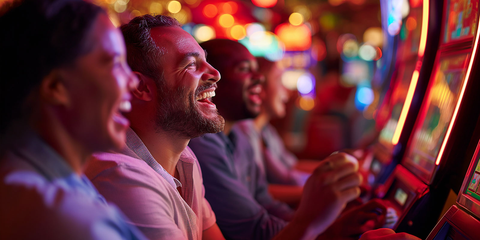 People smiling while playing slot machines