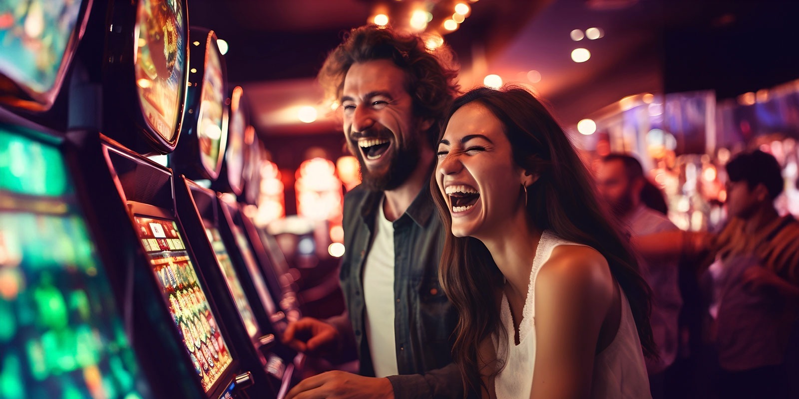 Couple smiling while playing the slot machine